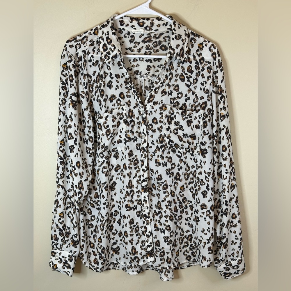 Maurices Cream Leopard Print Button-Down Blouse with Brown and Black Spots